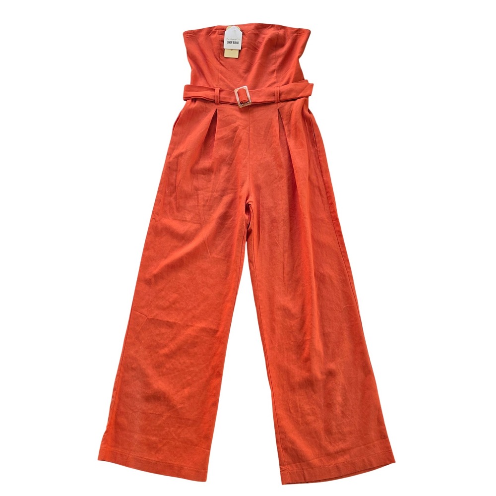 Monteau Los Angeles NWT Orange Strapless Linen Blend Wide Leg Belted Jumpsuit M - Picture 2 of 12